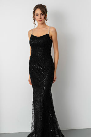 Kadın Siyah Askılı Boncuklu Uzun Balık Abiye Elbise