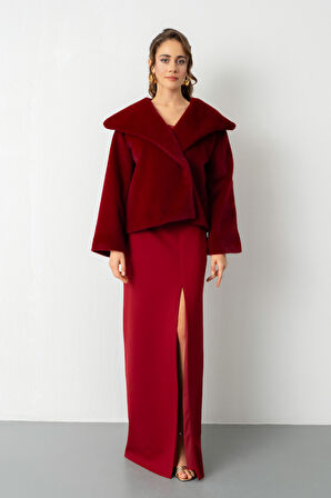 Kadın Bordo Kürk Görünümlü Abiye Ceket