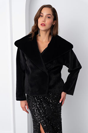 Kadın Siyah Kürk Görünümlü Abiye Ceket