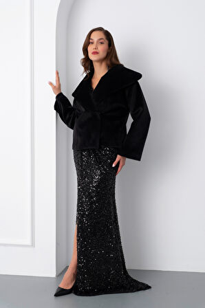 Kadın Siyah Kürk Görünümlü Abiye Ceket