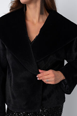 Kadın Siyah Kürk Görünümlü Abiye Ceket