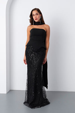 Kadın Siyah Straplez Taşlı Uzun Balık Abiye