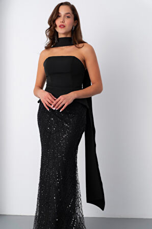 Kadın Siyah Straplez Taşlı Uzun Balık Abiye