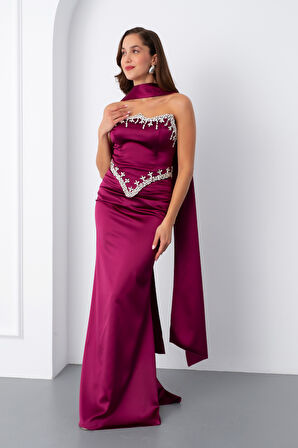 Kadın Mürdüm Straplez Taşlı Uzun Saten Abiye Elbise