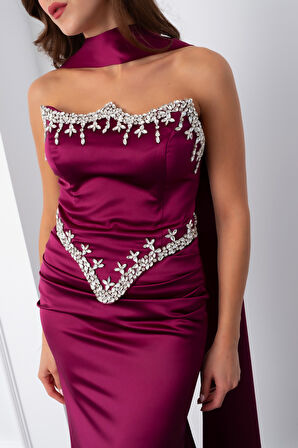 Kadın Mürdüm Straplez Taşlı Uzun Saten Abiye Elbise