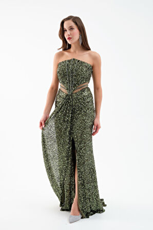 Kadın Haki Straplez Yırtmaçlı Uzun Abiye Elbise