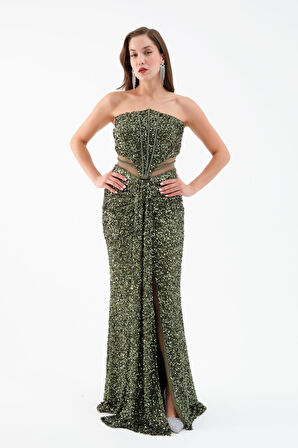 Kadın Haki Straplez Yırtmaçlı Uzun Abiye Elbise