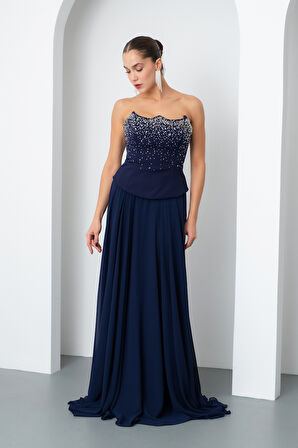 Kadın Lacivert Straplez Taşlı Uzun Tül Abiye Elbise