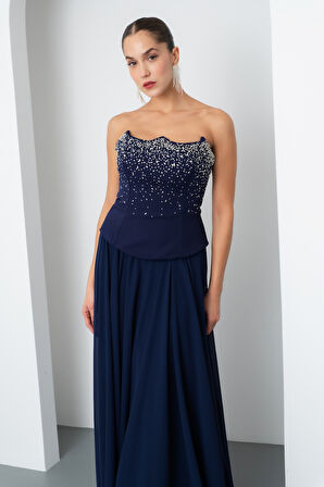 Kadın Lacivert Straplez Taşlı Uzun Tül Abiye Elbise