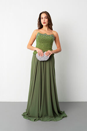 Kadın Haki Straplez Taşlı Uzun Tül Abiye Elbise