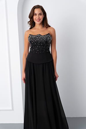 Kadın Siyah Straplez Taşlı Uzun Tül Abiye Elbise