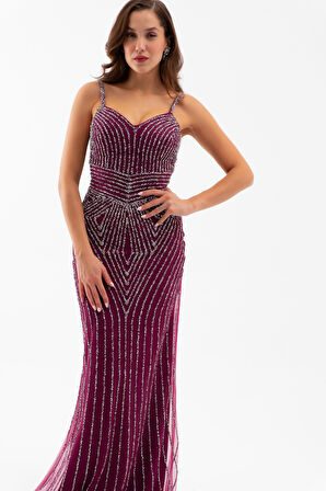 Kadın Mürdüm İnce Askılı Simli Uzun Balık Abiye Elbise