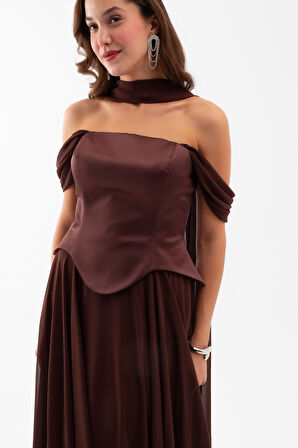 Kadın Kahverengi Şal Yaka Straplez Söz Nişan Abiye Elbise