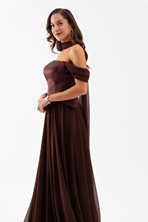 Kadın Kahverengi Şal Yaka Straplez Söz Nişan Abiye Elbise