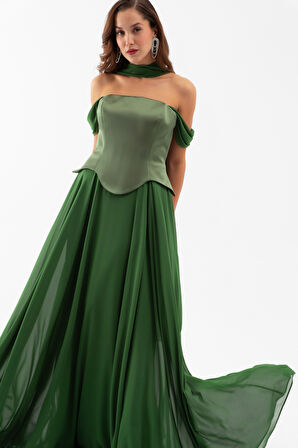 Kadın Haki Şal Yaka Straplez Söz Nişan Abiye Elbise