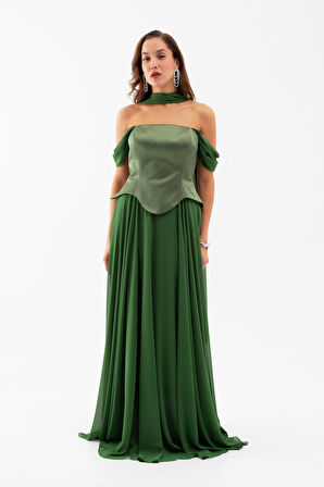 Kadın Haki Şal Yaka Straplez Söz Nişan Abiye Elbise