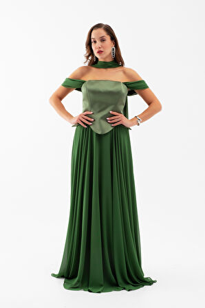 Kadın Haki Şal Yaka Straplez Söz Nişan Abiye Elbise