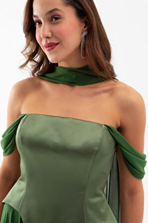 Kadın Haki Şal Yaka Straplez Söz Nişan Abiye Elbise