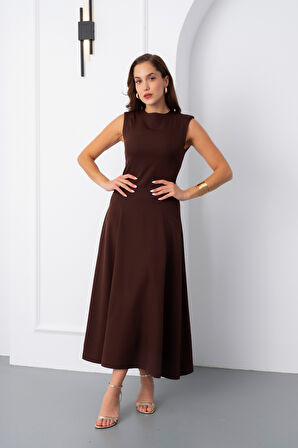 Kadın Kahverengi Vatkalı Midi Davet Elbisesi