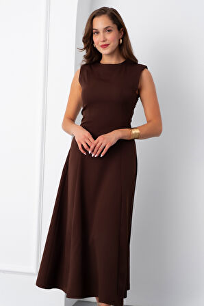Kadın Kahverengi Vatkalı Midi Davet Elbisesi