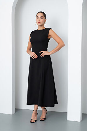 Kadın Siyah Vatkalı Midi Davet Elbisesi