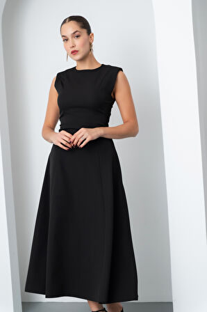 Kadın Siyah Vatkalı Midi Davet Elbisesi