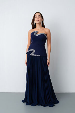 Kadın Lacivert Straplez Yaka Taşlı Piliseli Uzun Abiye Elbise