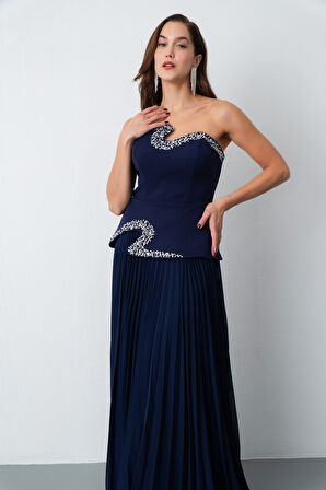 Kadın Lacivert Straplez Yaka Taşlı Piliseli Uzun Abiye Elbise