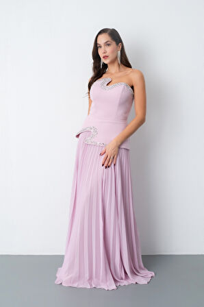 Kadın Pudra Straplez Yaka Taşlı Piliseli Uzun Abiye Elbise