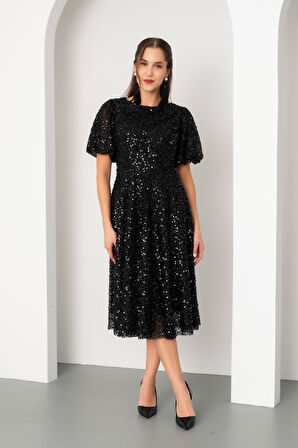 Kadın Siyah Balon Kol Pul Payet Midi Abiye Elbise