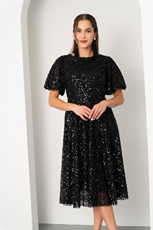 Kadın Siyah Balon Kol Pul Payet Midi Abiye Elbise