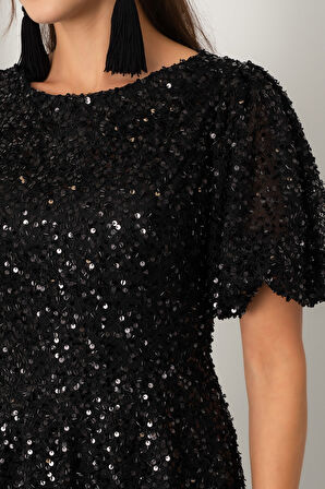 Kadın Siyah Balon Kol Pul Payet Midi Abiye Elbise