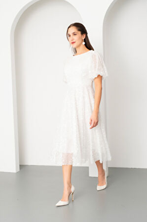 Kadın Beyaz Balon Kol Pul Payet Midi Abiye Elbise