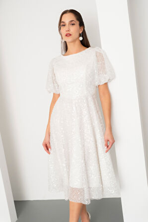 Kadın Beyaz Balon Kol Pul Payet Midi Abiye Elbise