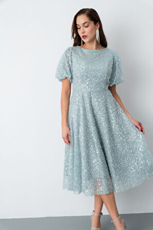 Kadın Mint Yeşili Balon Kol Pul Payet Midi Abiye Elbise