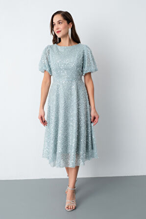 Kadın Mint Yeşili Balon Kol Pul Payet Midi Abiye Elbise