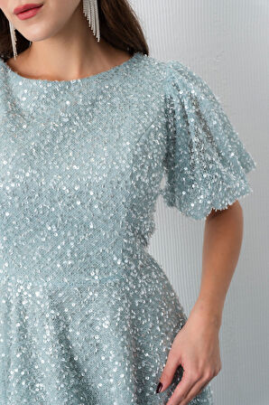 Kadın Mint Yeşili Balon Kol Pul Payet Midi Abiye Elbise