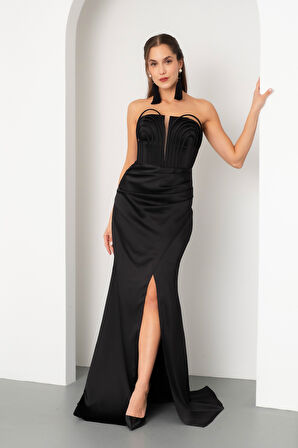 Kadın Siyah Yaka Detay Saten Uzun Söz Nişan Abiye Elbise