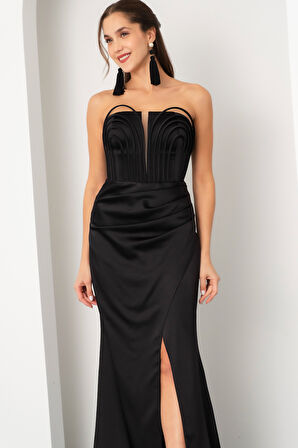 Kadın Siyah Yaka Detay Saten Uzun Söz Nişan Abiye Elbise