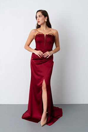 Kadın Bordo Yaka Detay Saten Uzun Söz Nişan Abiye Elbise