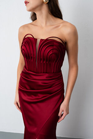 Kadın Bordo Yaka Detay Saten Uzun Söz Nişan Abiye Elbise