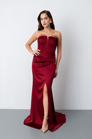 Kadın Bordo Yaka Detay Saten Uzun Söz Nişan Abiye Elbise