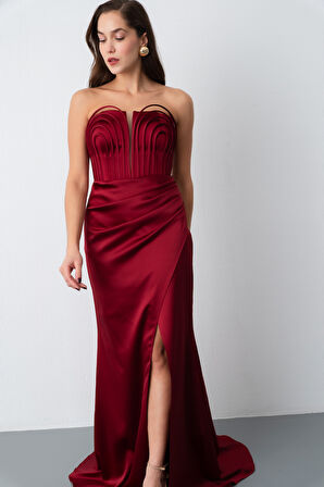 Kadın Bordo Yaka Detay Saten Uzun Söz Nişan Abiye Elbise