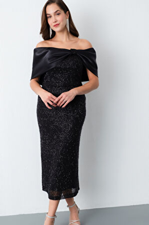 Kadın Siyah Yaka Detay Boncuklu Midi Söz Nişan Abiye Elbise