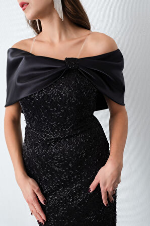 Kadın Siyah Yaka Detay Boncuklu Midi Söz Nişan Abiye Elbise