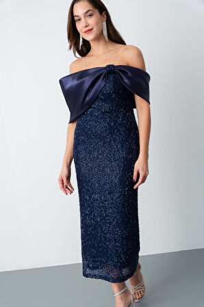 Kadın Lacivert Yaka Detay Boncuklu Midi Söz Nişan Abiye Elbise