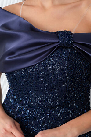 Kadın Lacivert Yaka Detay Boncuklu Midi Söz Nişan Abiye Elbise