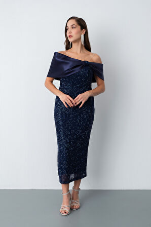 Kadın Lacivert Yaka Detay Boncuklu Midi Söz Nişan Abiye Elbise