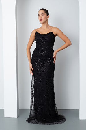 Kadın Siyah Straplez Boncuklu Uzun Balık Abiye Elbise