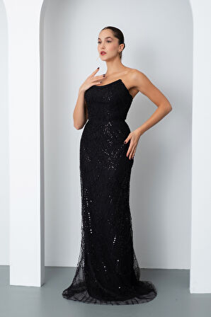 Kadın Siyah Straplez Boncuklu Uzun Balık Abiye Elbise